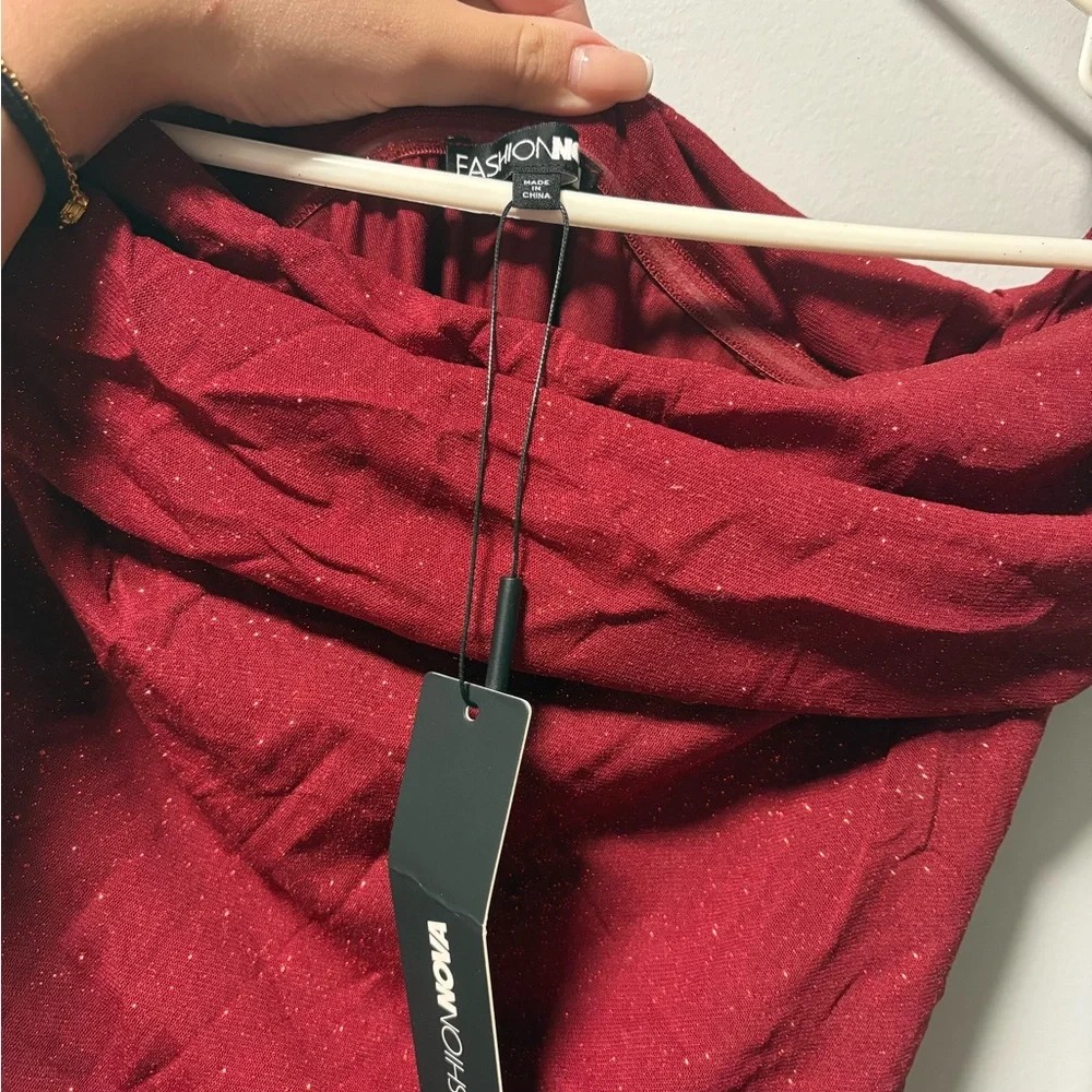 Fashion Nova Off the Shoulder Burgundy Sparkle Dress - Picture 4 of 5